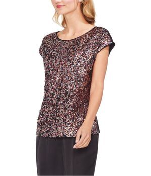 Vince Camuto Sequin Front Blouse Top Cap Sleeve Round Neck Black Pink Sz XL New!
